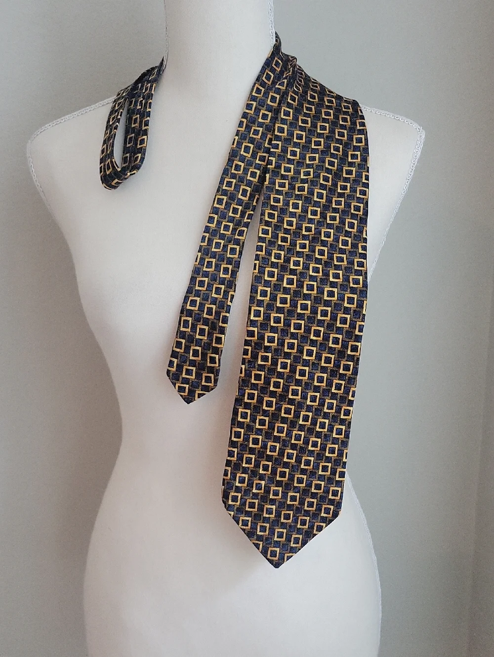 Vintage Ciro Citterio Italian Silk Tie Navy and Gold Square-Pattern